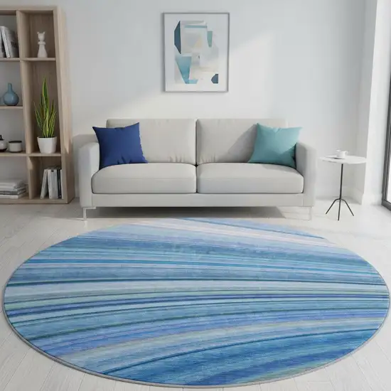 8' Blue Ivory And Gold Abstract Washable Round Rug With UV Protection Photo 2