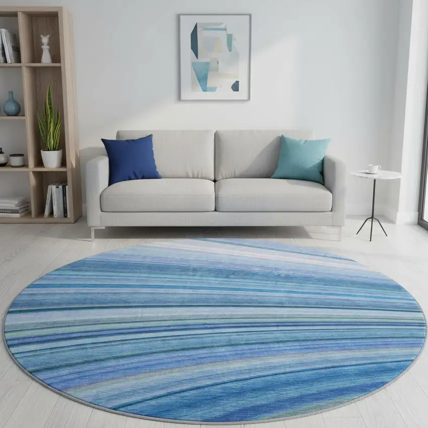 8' Blue Ivory And Gold Abstract Washable Round Rug With UV Protection Photo 2