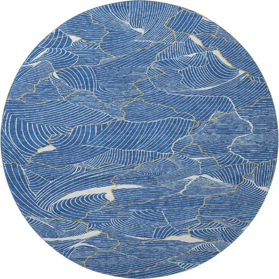 8' Blue Ivory And Gold Abstract Washable Round Rug With UV Protection Photo 2