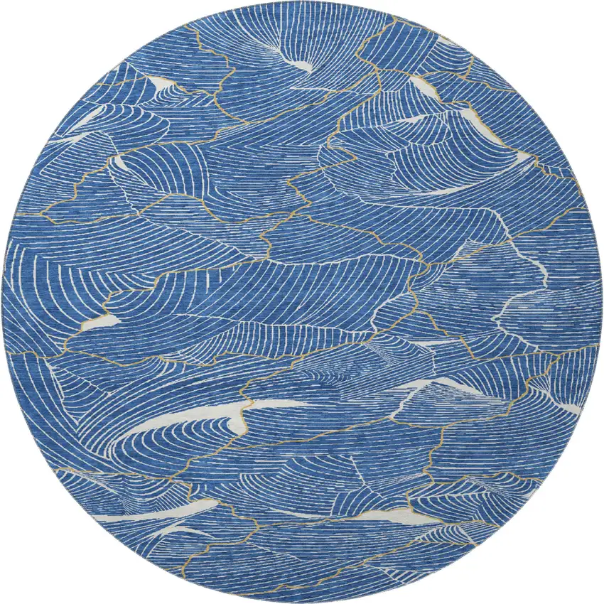 8' Blue Ivory And Gold Abstract Washable Round Rug With UV Protection Photo 2