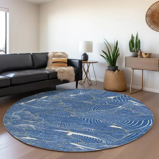 8' Blue Ivory And Gold Abstract Washable Round Rug With UV Protection Photo 3