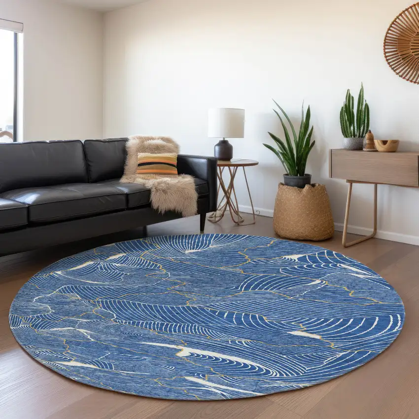 8' Blue Ivory And Gold Abstract Washable Round Rug With UV Protection Photo 3