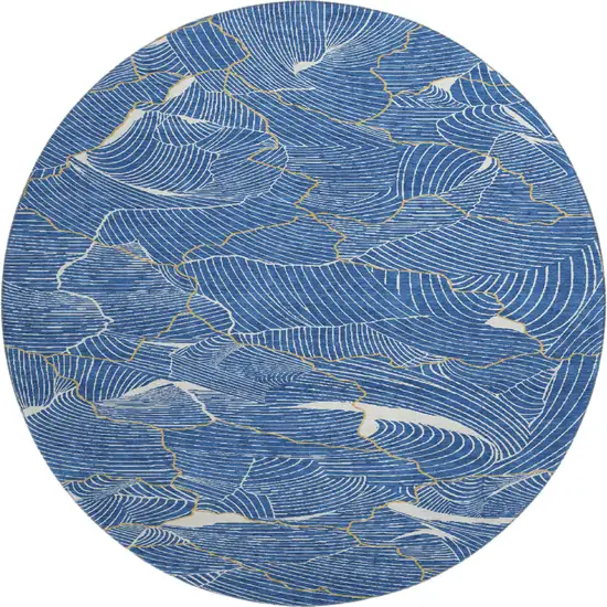 8' Blue Ivory And Gold Abstract Washable Round Rug With UV Protection Photo 1
