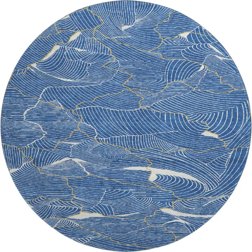 8' Blue Ivory And Gold Abstract Washable Round Rug With UV Protection Photo 1