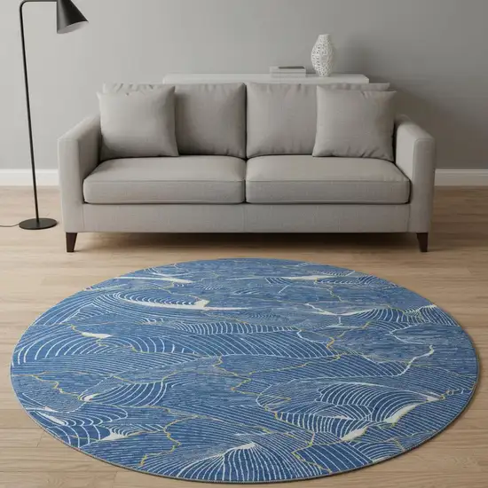 8' Blue Ivory And Gold Abstract Washable Round Rug With UV Protection Photo 2