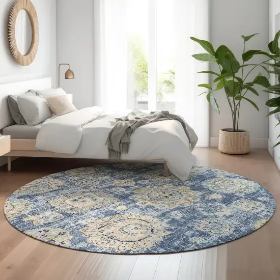 8' Blue Ivory And Gold Floral Washable Round Rug With UV Protection Photo 5