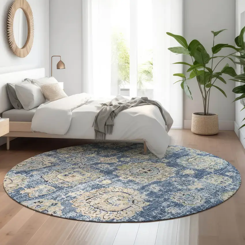 8' Blue Ivory And Gold Floral Washable Round Rug With UV Protection Photo 5