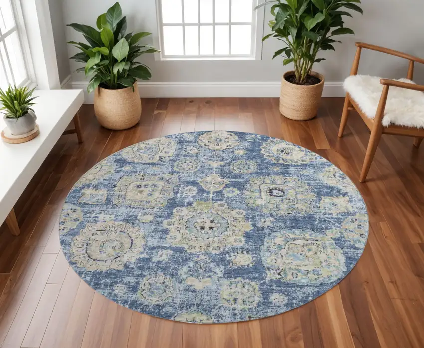 8' Blue Ivory And Gold Floral Washable Round Rug With UV Protection Photo 2