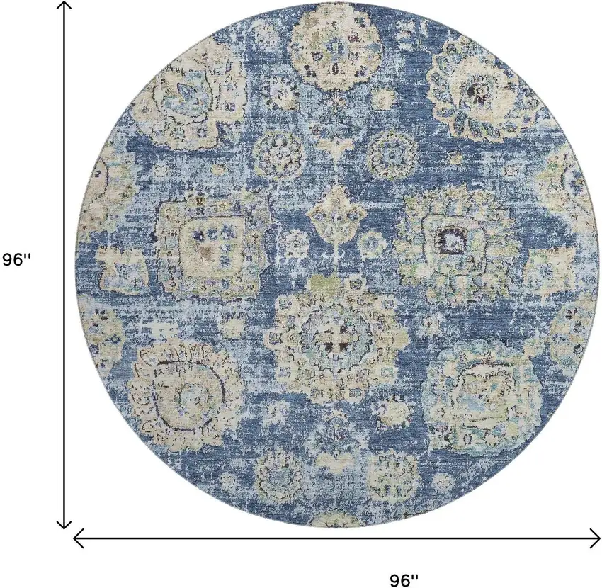 8' Blue Ivory And Gold Floral Washable Round Rug With UV Protection Photo 3
