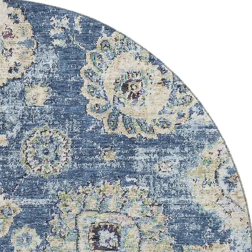 8' Blue Ivory And Gold Floral Washable Round Rug With UV Protection Photo 3
