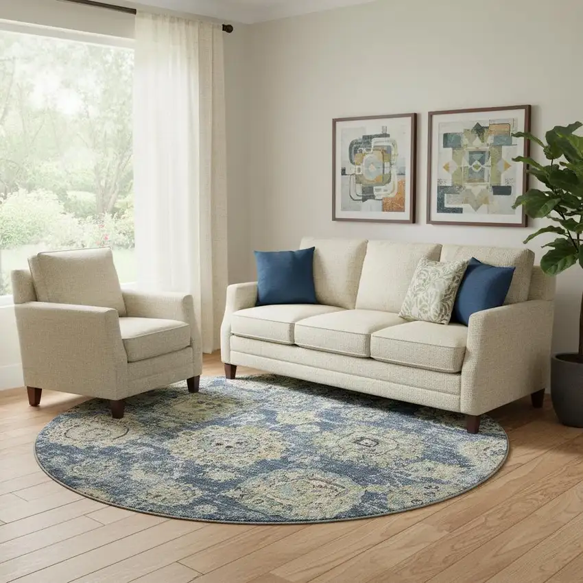 8' Blue Ivory And Gold Floral Washable Round Rug With UV Protection Photo 1