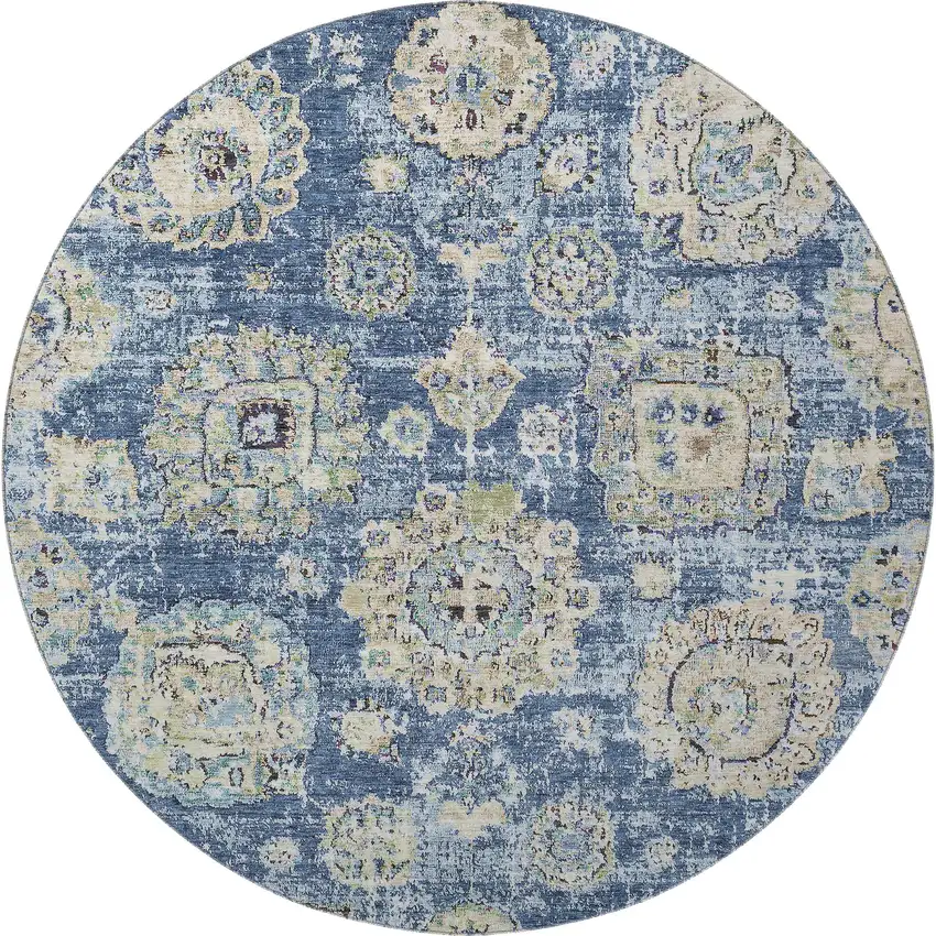 8' Blue Ivory And Gold Floral Washable Round Rug With UV Protection Photo 4