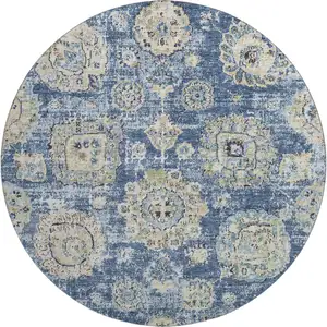 Photo of 8' Blue Ivory And Gold Floral Washable Round Rug With UV Protection