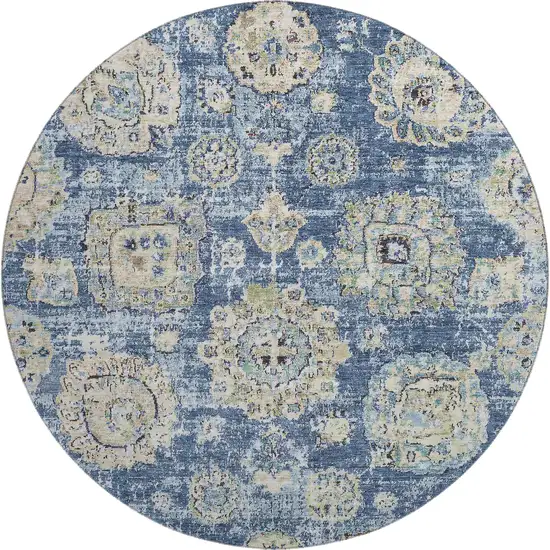 8' Blue Ivory And Gold Floral Washable Round Rug With UV Protection Photo 1