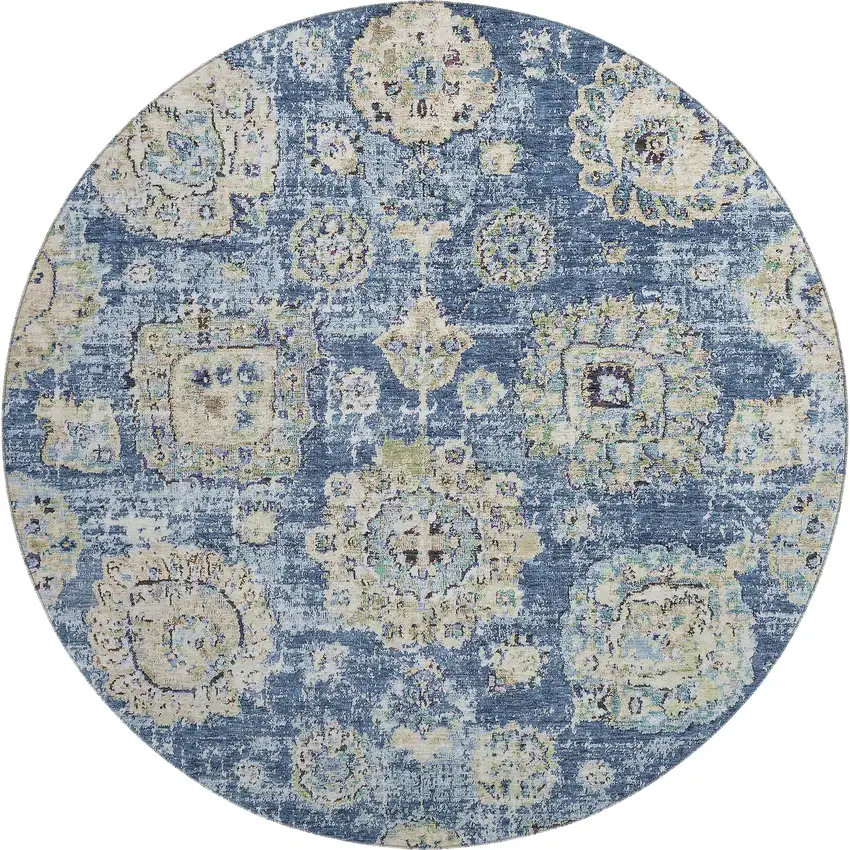 8' Blue Ivory And Gold Floral Washable Round Rug With UV Protection Photo 1