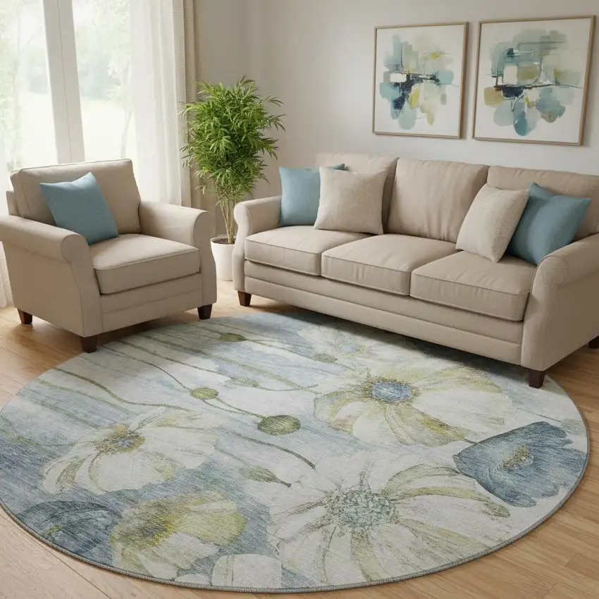 8' Blue Ivory And Gold Floral Washable Round Rug With UV Protection Photo 1