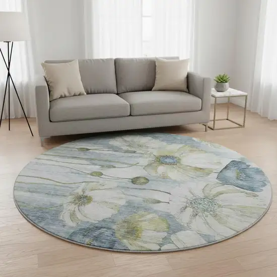 8' Blue Ivory And Gold Floral Washable Round Rug With UV Protection Photo 2