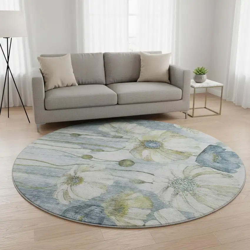 8' Blue Ivory And Gold Floral Washable Round Rug With UV Protection Photo 2