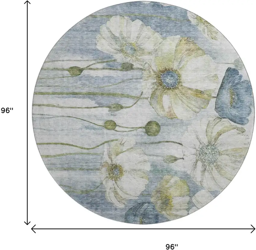 8' Blue Ivory And Gold Floral Washable Round Rug With UV Protection Photo 6