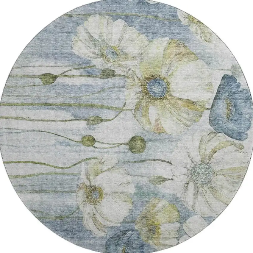 8' Blue Ivory And Gold Floral Washable Round Rug With UV Protection Photo 4