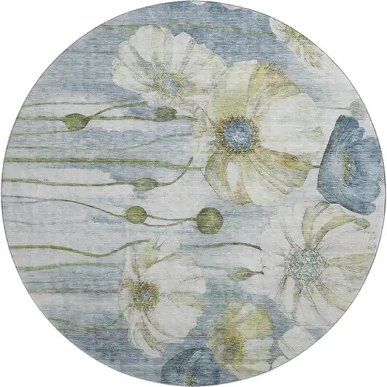 8' Blue Ivory And Gold Floral Washable Round Rug With UV Protection Photo 1