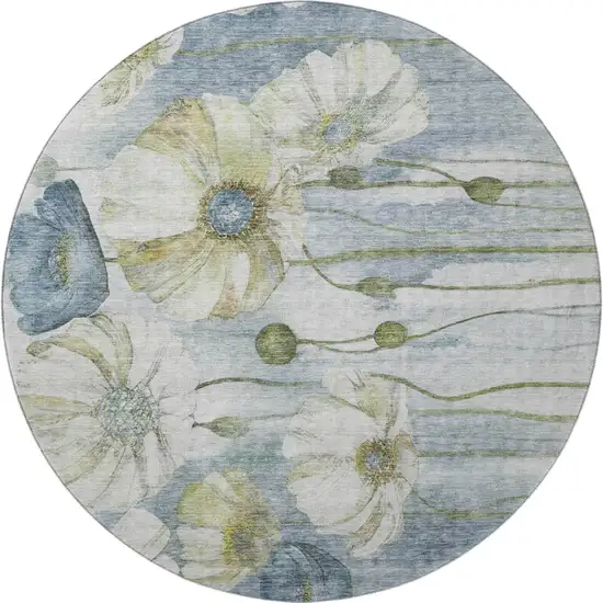 8' Blue Ivory And Gold Floral Washable Round Rug With UV Protection Photo 3
