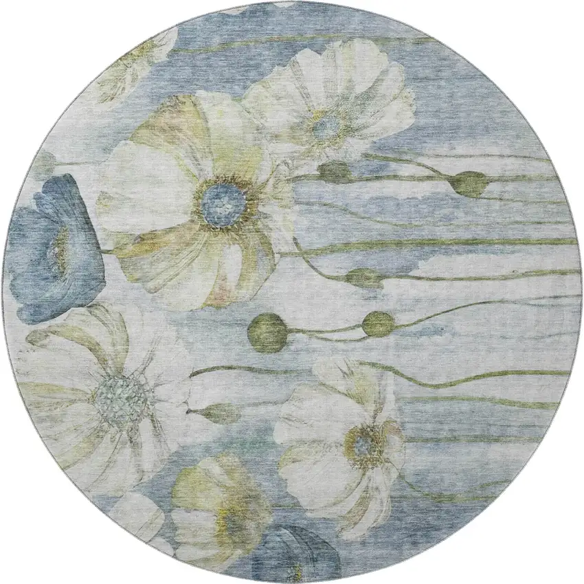 8' Blue Ivory And Gold Floral Washable Round Rug With UV Protection Photo 3