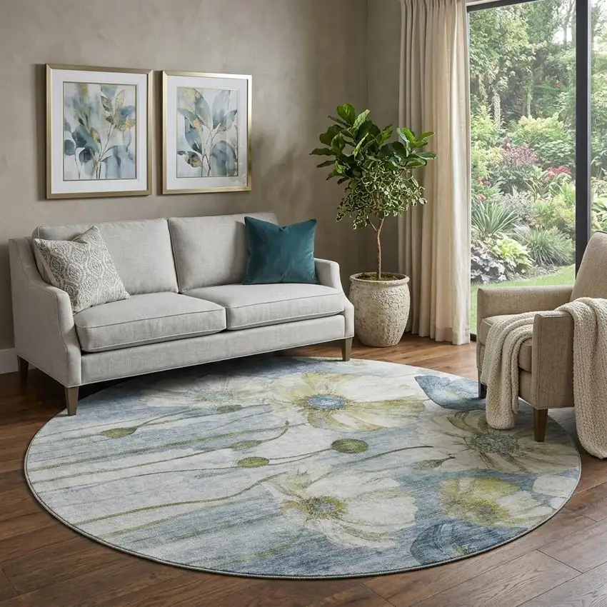 8' Blue Ivory And Gold Floral Washable Round Rug With UV Protection Photo 1