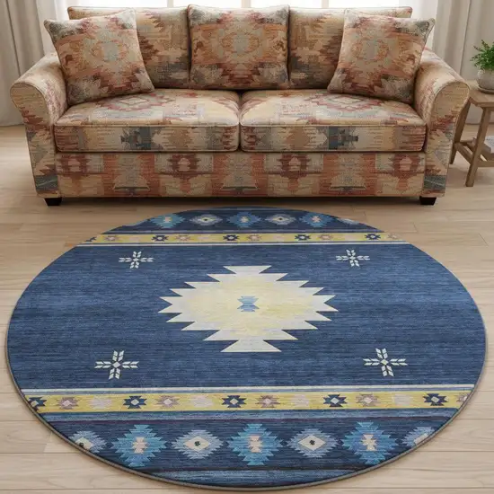 8' Blue Ivory And Gold Geometric Washable Round Rug With UV Protection Photo 1