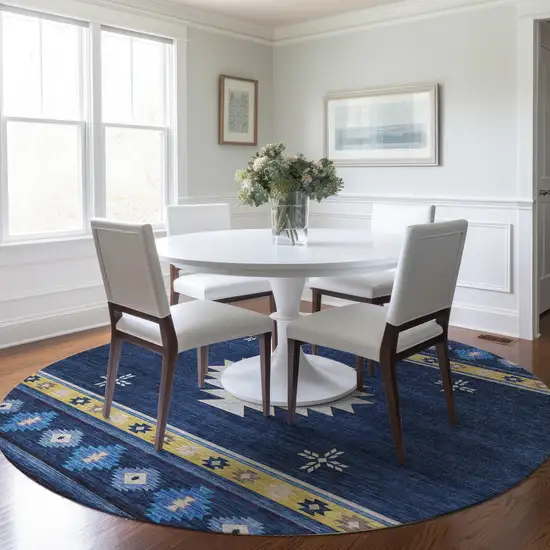 8' Blue Ivory And Gold Geometric Washable Round Rug With UV Protection Photo 5