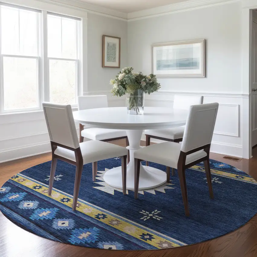 8' Blue Ivory And Gold Geometric Washable Round Rug With UV Protection Photo 5