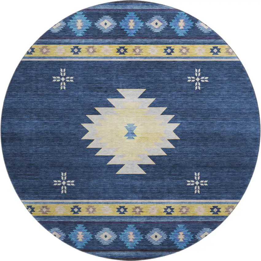 8' Blue Ivory And Gold Geometric Washable Round Rug With UV Protection Photo 2