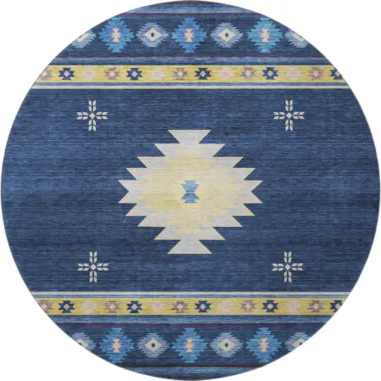8' Blue Ivory And Gold Geometric Washable Round Rug With UV Protection Photo 4