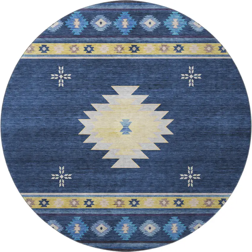 8' Blue Ivory And Gold Geometric Washable Round Rug With UV Protection Photo 4