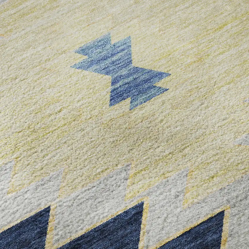 8' Blue Ivory And Gold Geometric Washable Round Rug With UV Protection Photo 9