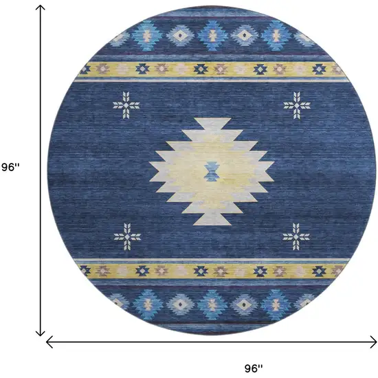 8' Blue Ivory And Gold Geometric Washable Round Rug With UV Protection Photo 3