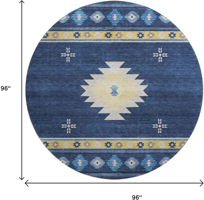 8' Blue Ivory And Gold Geometric Washable Round Rug With UV Protection Photo 3