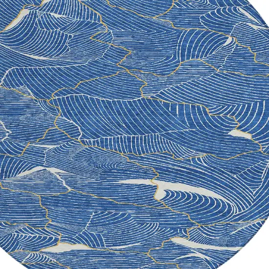 8' Blue Ivory And Gold Round Abstract Washable Indoor Outdoor Area Rug Photo 6