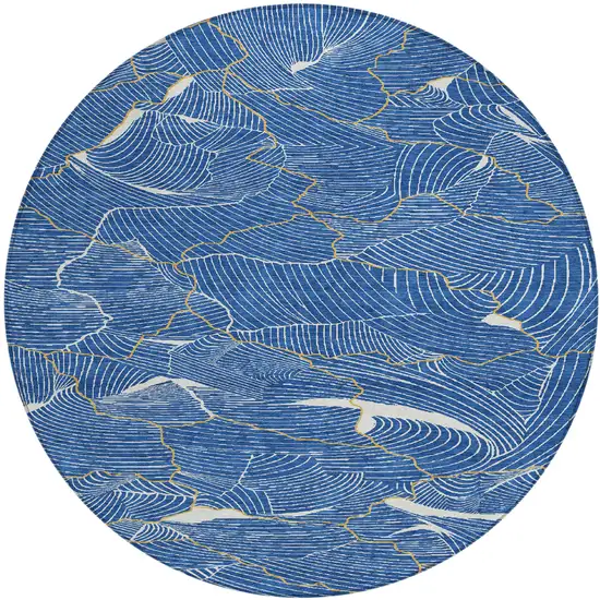 8' Blue Ivory And Gold Round Abstract Washable Indoor Outdoor Area Rug Photo 2