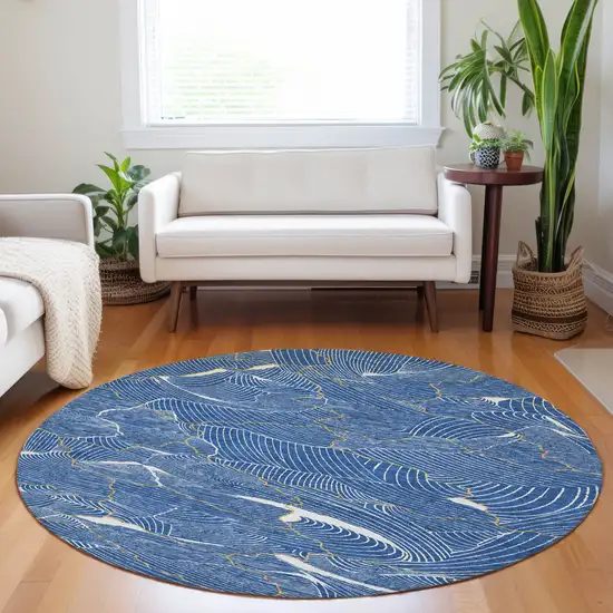8' Blue Ivory And Gold Round Abstract Washable Indoor Outdoor Area Rug Photo 9