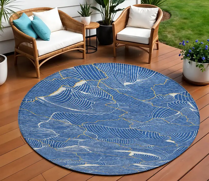 8' Blue Ivory And Gold Round Abstract Washable Indoor Outdoor Area Rug Photo 1