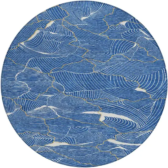 8' Blue Ivory And Gold Round Abstract Washable Indoor Outdoor Area Rug Photo 7