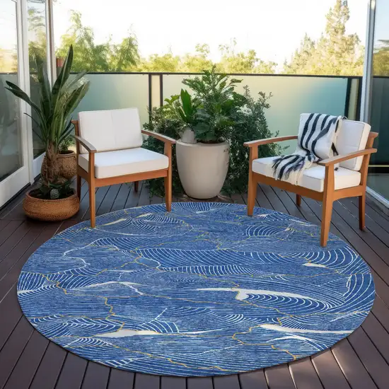 8' Blue Ivory And Gold Round Abstract Washable Indoor Outdoor Area Rug Photo 8