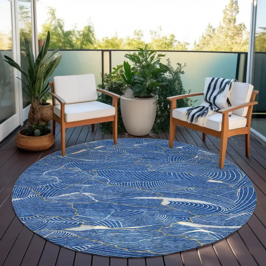 8' Blue Ivory And Gold Round Abstract Washable Indoor Outdoor Area Rug Photo 8