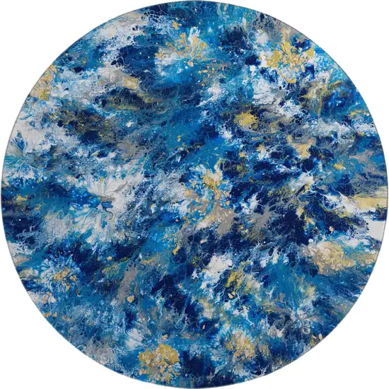 8' Blue Ivory And Gold Round Abstract Washable Indoor Outdoor Area Rug Photo 2