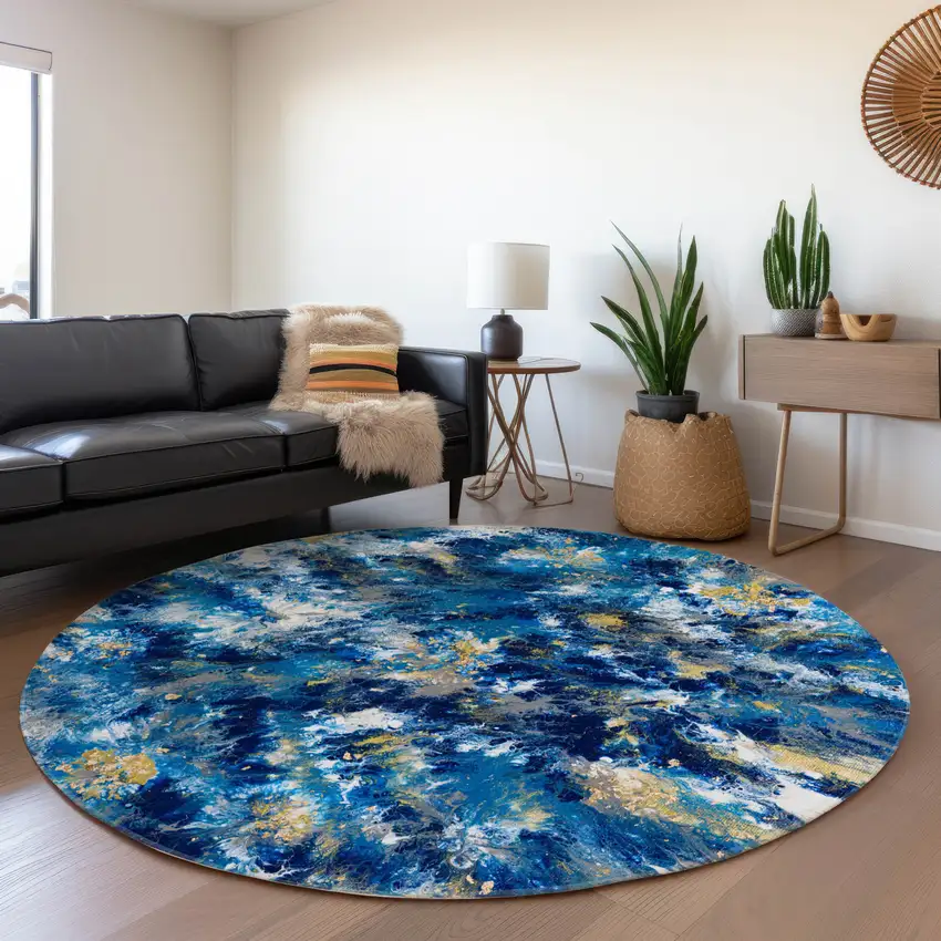 8' Blue Ivory And Gold Round Abstract Washable Indoor Outdoor Area Rug Photo 8