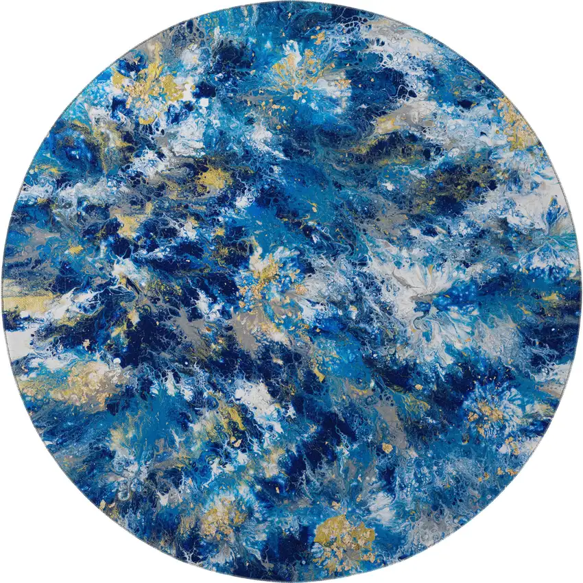 8' Blue Ivory And Gold Round Abstract Washable Indoor Outdoor Area Rug Photo 5