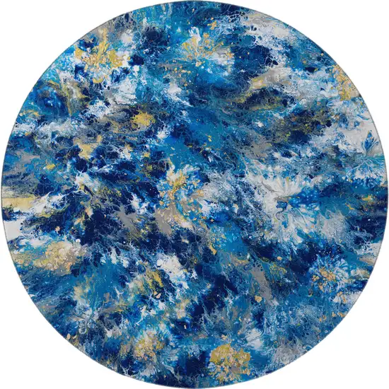 8' Blue Ivory And Gold Round Abstract Washable Indoor Outdoor Area Rug Photo 5