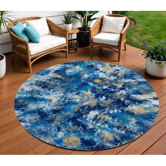 8' Blue Ivory And Gold Round Abstract Washable Indoor Outdoor Area Rug Photo 1