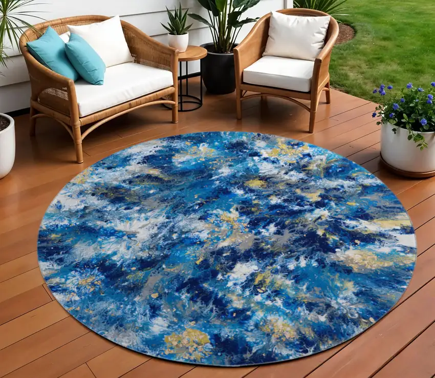 8' Blue Ivory And Gold Round Abstract Washable Indoor Outdoor Area Rug Photo 1